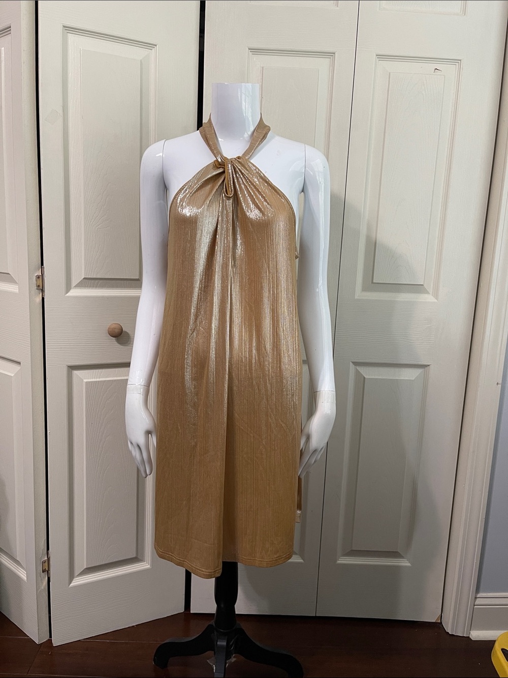 SHEIN Gold Metallic Halter Mini Dress - Shiny Party Cocktail Dress. #0024